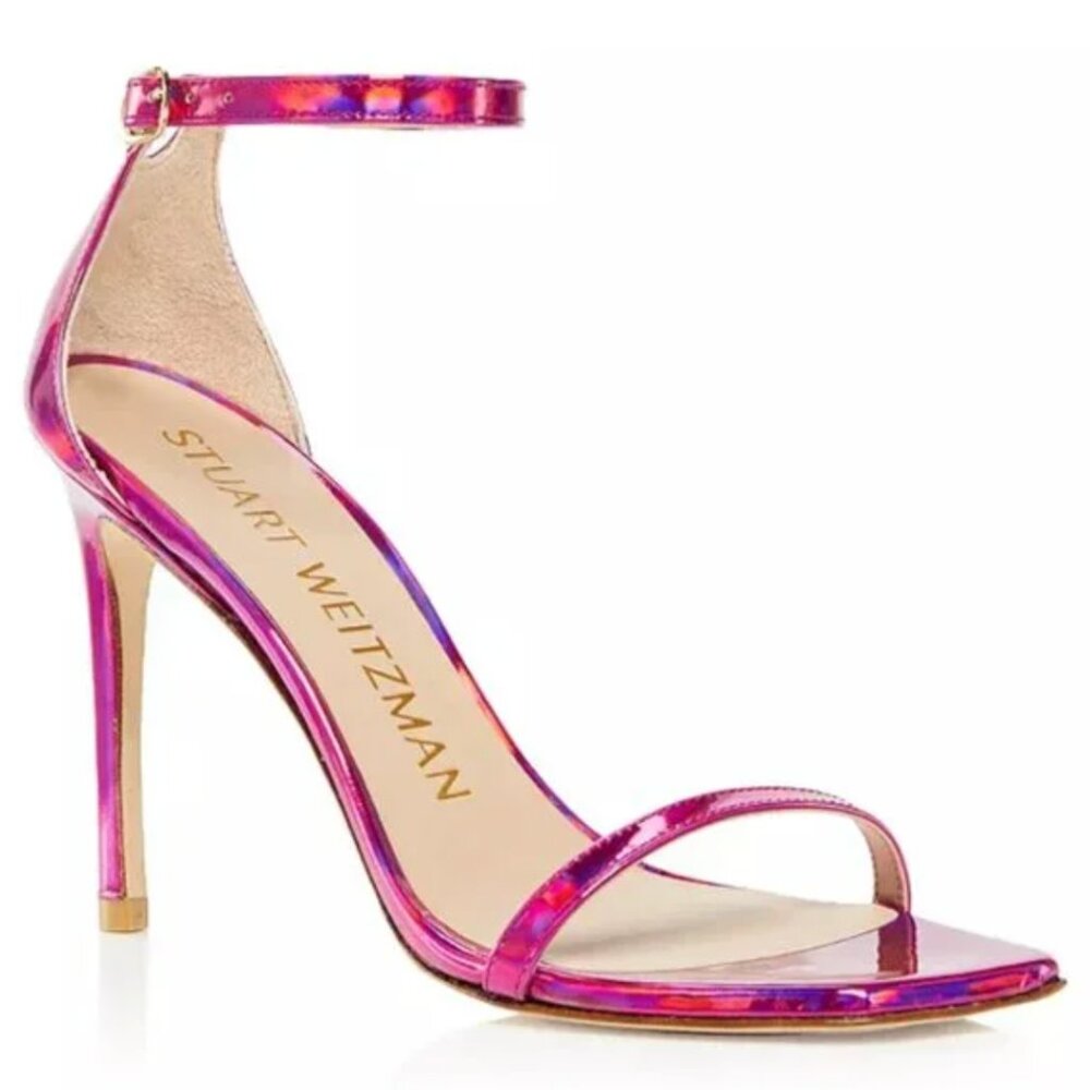 Stuart Weitzman Pink Iridescent Ankle-Strap Stiletto Sandals